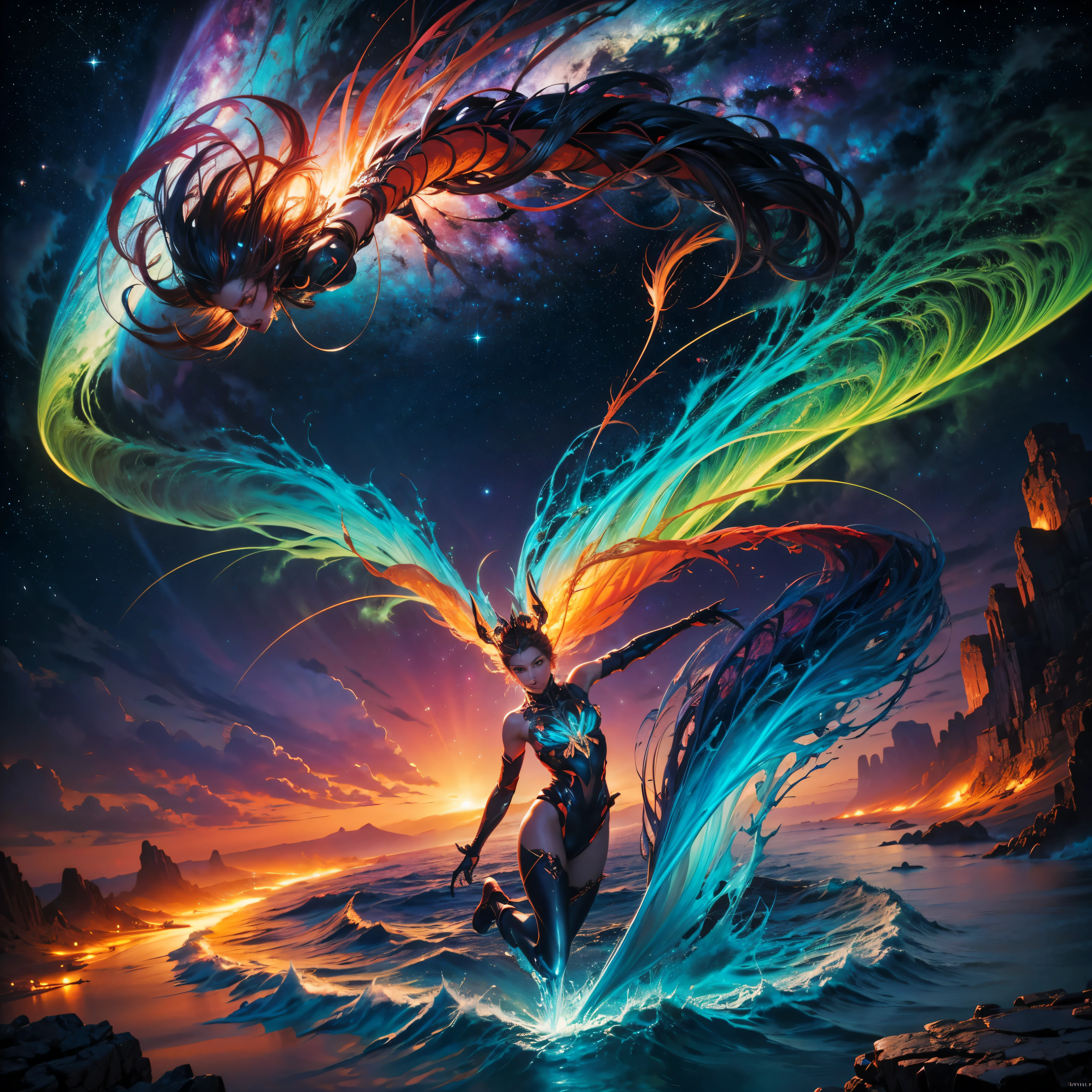 Hyper Vibrant Nebulae Octans by_Mappa Spacious Starry_sky Borealis ((🎈Sunset epic sunshine parabolic sunrise Rain_Color Colorful_liquid_on_naked_body:1.3 Colorful_body Colorful_ink_on_hair:1.2 Rainbow Abundant_colorful_liquids White_liquid fullbodye wet_Color_liquid)) In the vast expanse of the cosmos, a breathtaking image unfolds before your eyes. In the heart of a starry galaxy, vibrant nebula dance and swirl, their ethereal colors blending and intertwining. The scene is a symphony of cosmic beauty, with tendrils of interstellar dust and gas reaching out into the void. The stars shine with an otherworldly brilliance, illuminating the cosmic tapestry that stretches across the vastness of space. It is a visual feast for the senses, an awe-inspiring glimpse into the wonders of the universe. BREAK,Detailed,Realistic, highly detailed digital art,octane render, bioluminescent, BREAK,by Mappa studios,masterpiece,best quality,official art,illustration,ligne claire,(cool_color),perfect composition,absurdres, fantasy,focused,rule of thirds masterpiece meticulously intricate 🎠deep path equirectangular🎡 ultra_high-details extreme improved ultra_high-quality ultra_high-res ultra_photo-realistic optimal ultra_sharpness perfection accurate volumetric SunLight Lightning_contrast global_illumination cgi vfx sfx reflex Octane_rendered ultra_high-def UHD XT3 DSLR HDR romm rgb pbr 3dcg fxaa blu-ray vivid colors-coded anti-aliasing fkaa txaa rtx ssao opengl-shaders glsl-shaders post-processing post-production cell-shading tone-mapping ❤luminescence 😘glow 👩Heart hearth Crystalline butterfly earth invoke monarch magic fleuraison monster monstrous creature sundrop slide onyx summon transparent ruby Earth hearth bloom flash Tourmaline opal strange glow hole reflection varies multi etc. --s 1000 --c 20 --q 20 --chaos 100