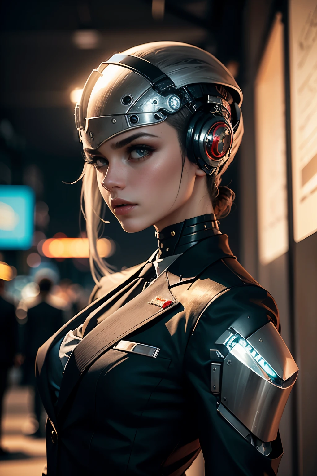 Limda mulher com (human head wearing black suit | cyborg head wearing black suit:1.2), parte superior do corpo, HDR , cinematic lighting