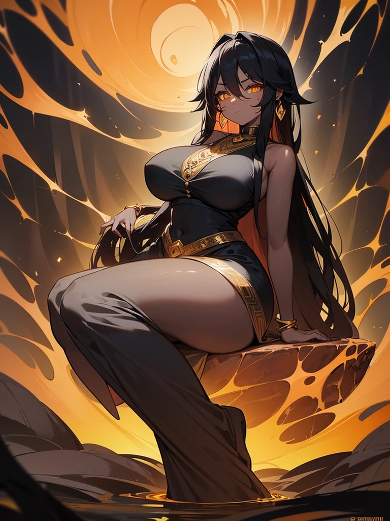 (((Alone Woman))),(((Black Skin))),(((lava hair))),(((serene golden eyes))),(Curvy body),(((Wearing a beautiful long dress))))
