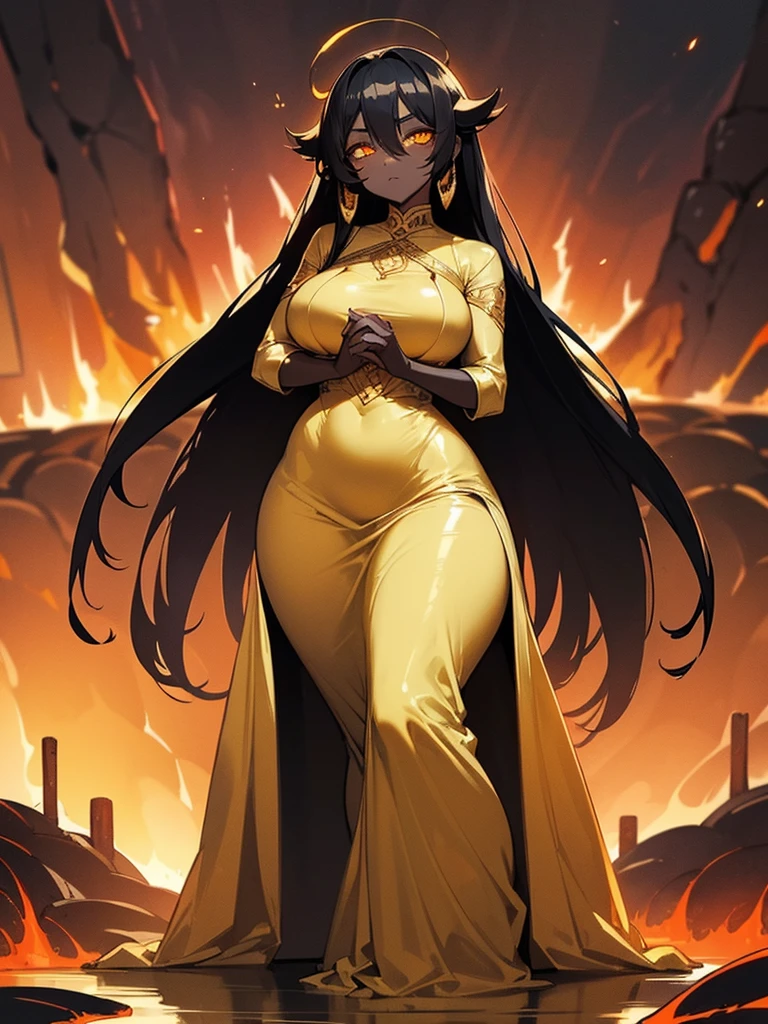 (((Alone Woman))),(((Black Skin))),(((lava hair))),(((serene golden eyes))),(Curvy body),(((Wearing a beautiful long dress))))