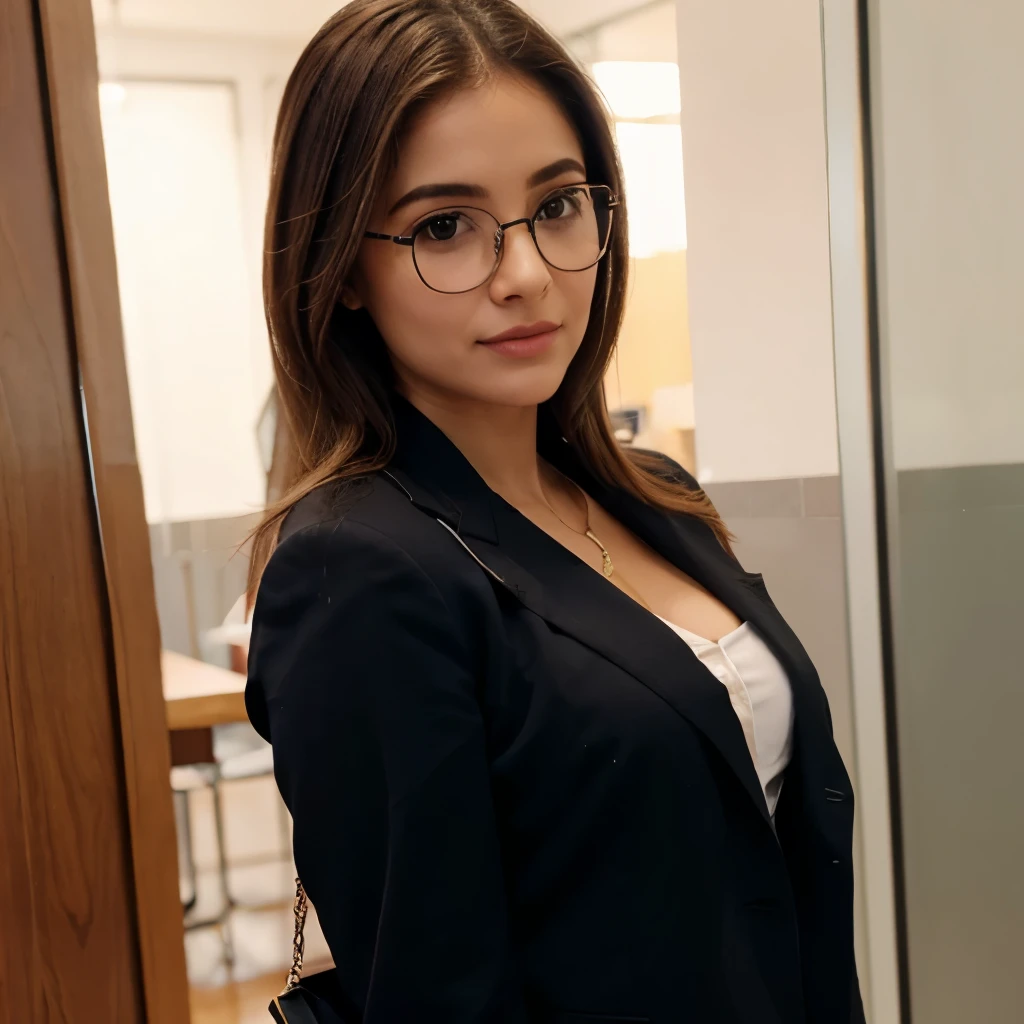 Uma mulher intelectual, oculos, saia e blazer, cabelos loiros, bunda grande e peitos cheio, labios carnudos,