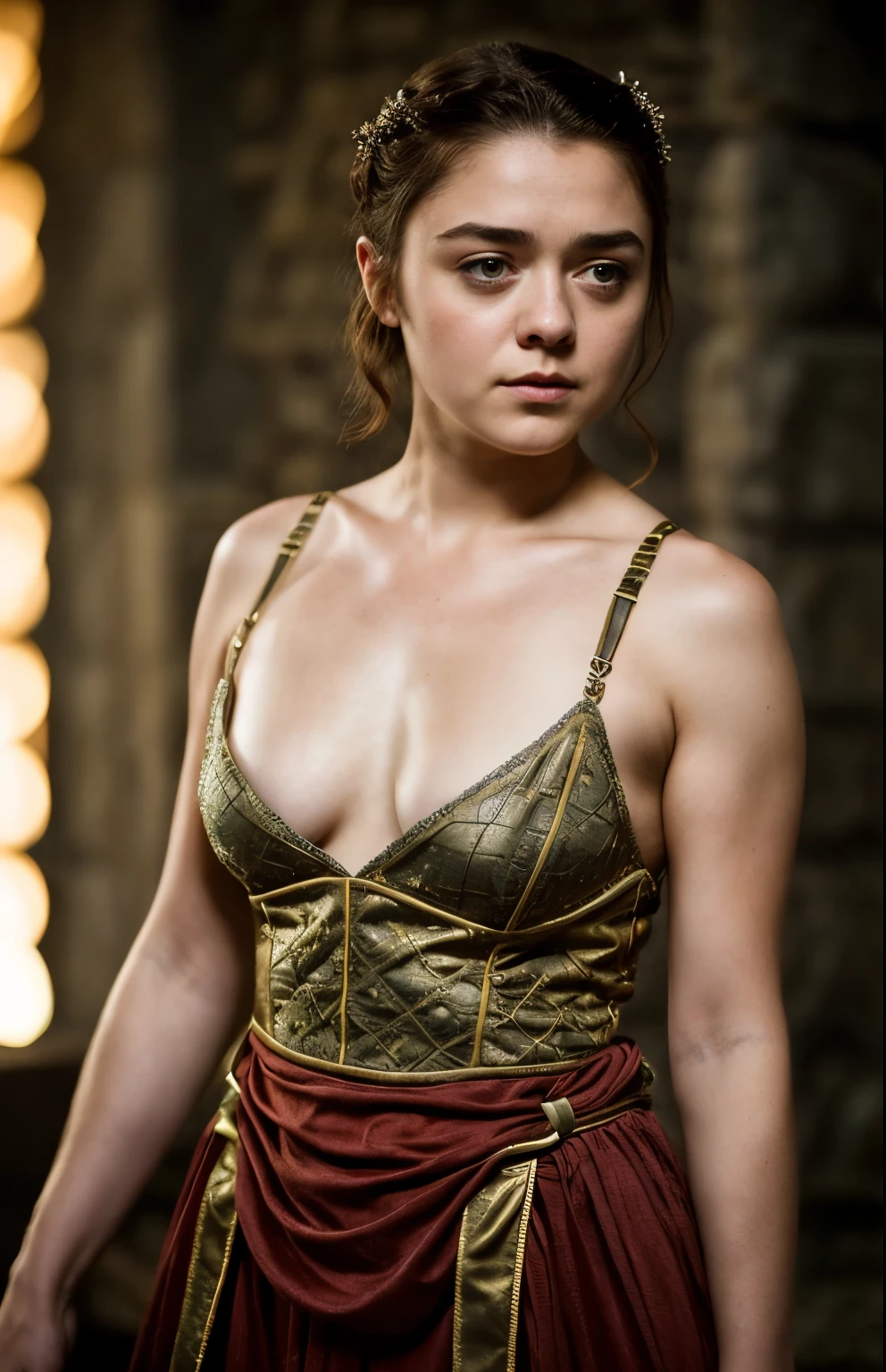 Foto RAW, Arya Stark, Extremely gorgeous lady, Arya Stark PLAYED BY MAISIE WILLIAMS, Queen Arya Stark, she  a mature woman now, milf, sexy mediaeval battle dress, gladiator woman, body, 40 years old Woman, body revealing costumes, perky breast, big natural breast, erotic costumes, lusty physique, seductive figure can capture every people's attention, Game of thrones costumes, revealing captivating figure, Mediaeval costumes, revealing clothes, A tomboy, she would rather fence than dance, warrior queen , game of thrones screen caps, Game of Thrones Series, (pele altamente detalhada: 1.2), 8k UHD, DSLR, soft-lighting, alta qualidade, grain of film, Fujifilm XT3, flawless picture, highly detailed, detailed Beauty, intricate, 32k, sharp picture,