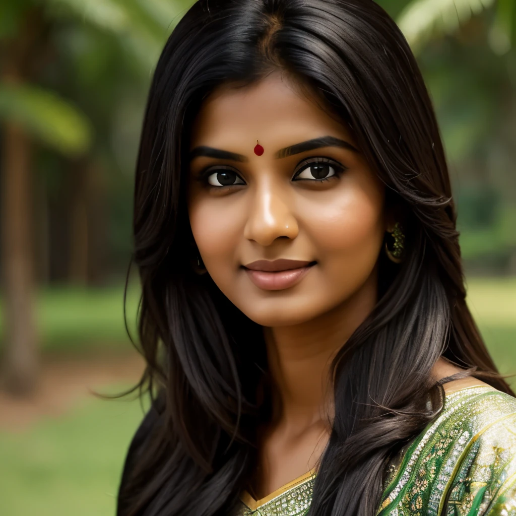 Cute 30 year indianwoman, brown eyes, black hair, highly detailed ,wearing green salwar