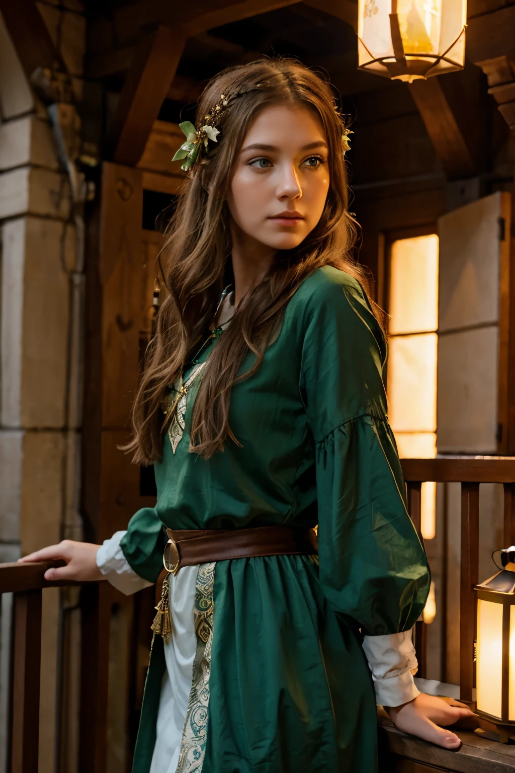 girl standing on the balcony of an elven building , lanterns, facial features in Balkan style, light brown hair, green eyes, hair accessories, fantasy attire