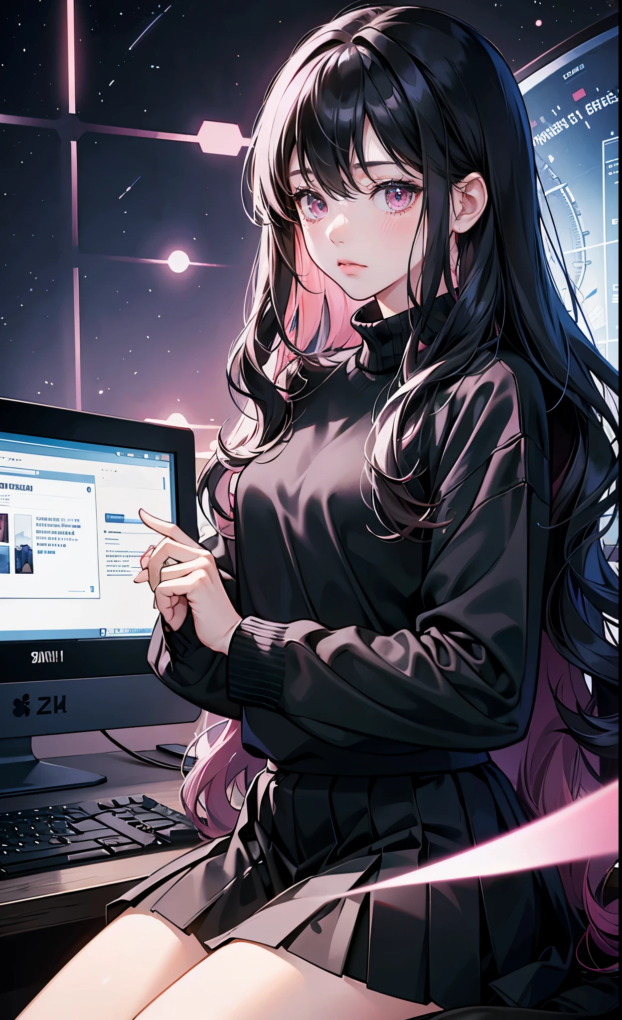 (8k, best quality, masterpiece),girl,Bangs,long black hair,wavy_hairs,Black Sweater,skirt,pink eyes,
Turn on the computer, science fiction computer, blue light,Sky,future world,