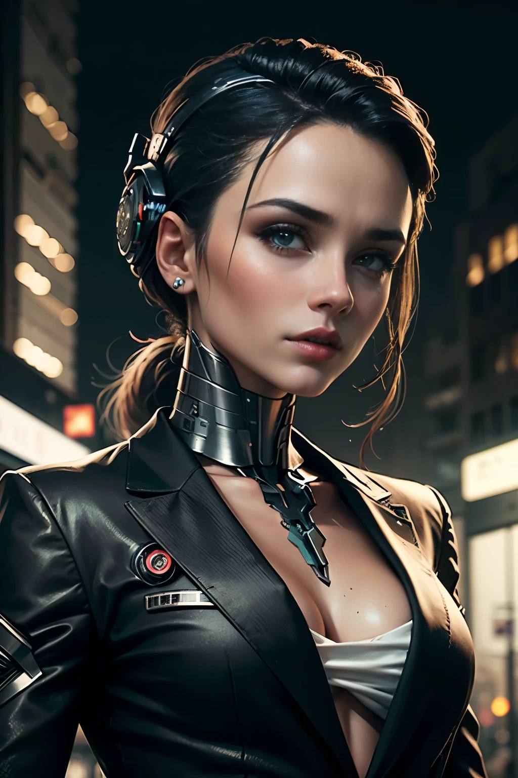Limda mulher com (human head wearing black suit | cyborg head wearing black suit:1.2), parte superior do corpo, HDR , cinematic lighting