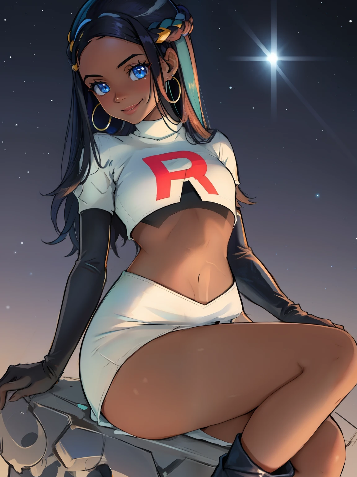 Nessa_Pokemon, 1girl, solo, dark skin, blue eyes, black hair, blue hair, two-tone hair, glossy lips, earings ,team rocket uniform, red letter R, white skirt,white crop top,black thigh-high boots, black elbow gloves, closed mouth, smile, looking down on viewer, sitting down ,legs crossed, night sky background