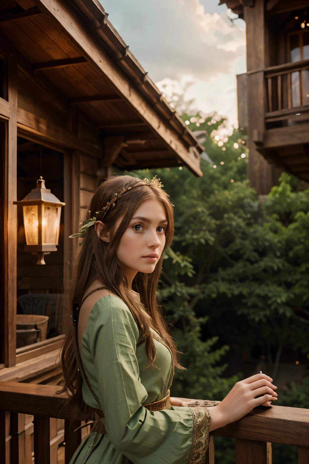 girl on the balcony of an elven wooden building, fantasy architecture, lanterns, light brown hair, green eyes, beautiful girl, hair accessories, fantasy attire, high details, 4k