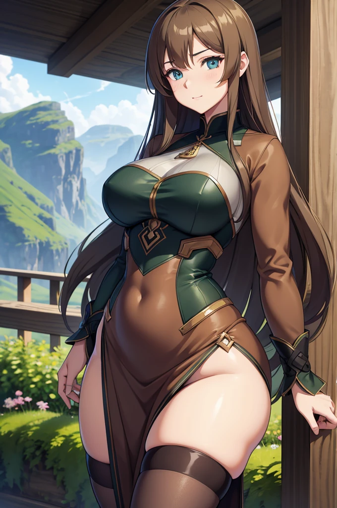 one Rebecca wearing brown clothes with green accents, long light brown hair, blue eyes, sexy hourglass figure, the Fjords of Norway in the background, [ 4 k digital art ]!!, seductive anime girl, deviantart artstation cgscosiety, trending on cgstation, 8k high quality detailed art, photorealistic anime girl render, kawaii hq render, commission for high res, thicc