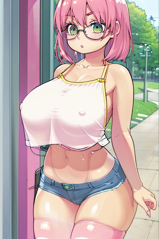 (masterpiece, best quality), 1girl, large breasts, small hips, green eyes, pink hair, crop top, denim shorts, bedroom, striped thighhighs, pervert, petite, glasses, covered nipples, pussy peek, Anime_screenshot, shuz, croptop_overhang