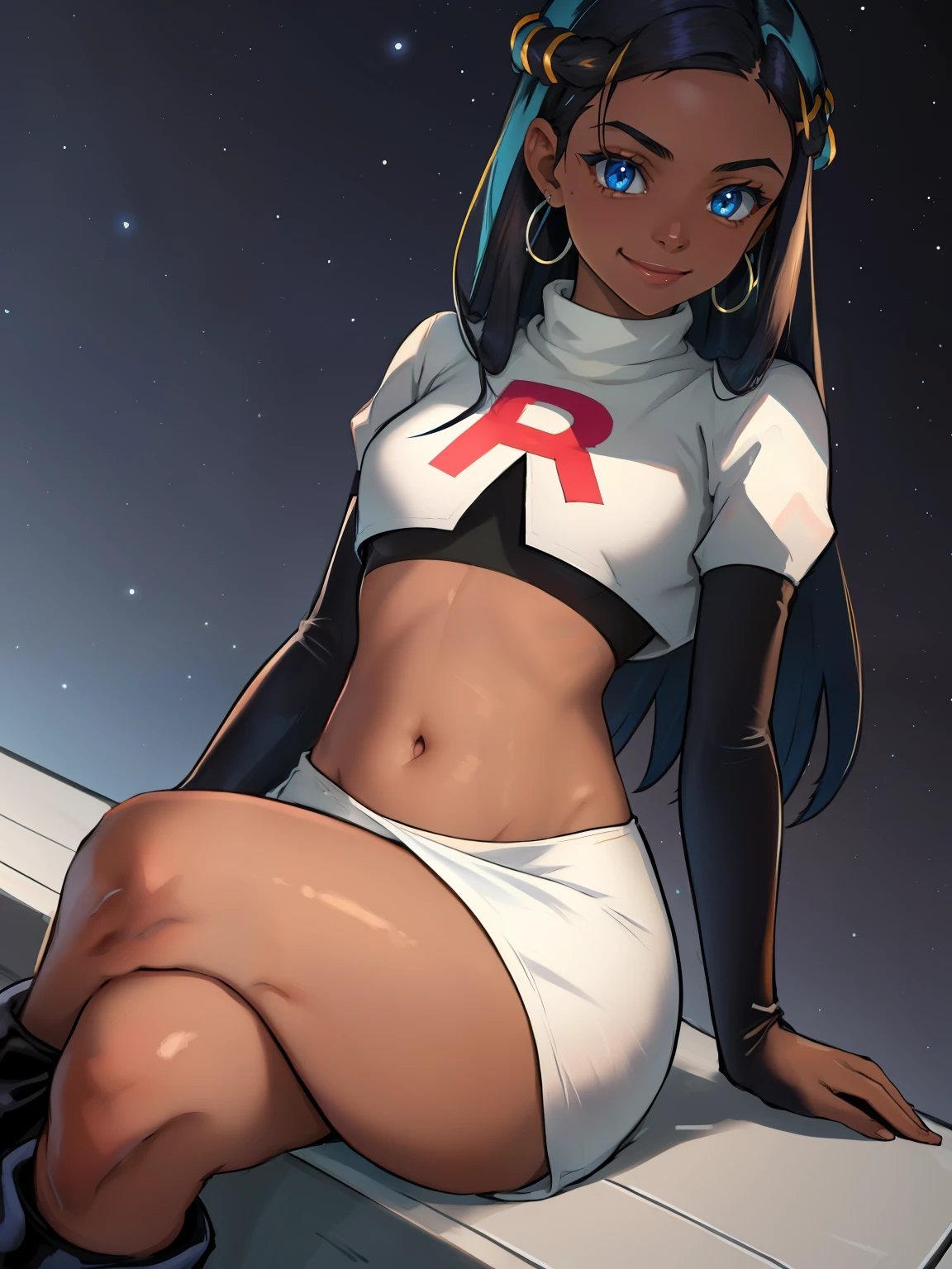 Nessa_Pokemon, 1girl, solo, dark skin, blue eyes, black hair, blue hair, two-tone hair, glossy lips, earings ,team rocket uniform, red letter R, white skirt,white crop top,black thigh-high boots, black elbow gloves, closed mouth, smile, looking down on viewer, sitting down ,legs crossed, night sky background