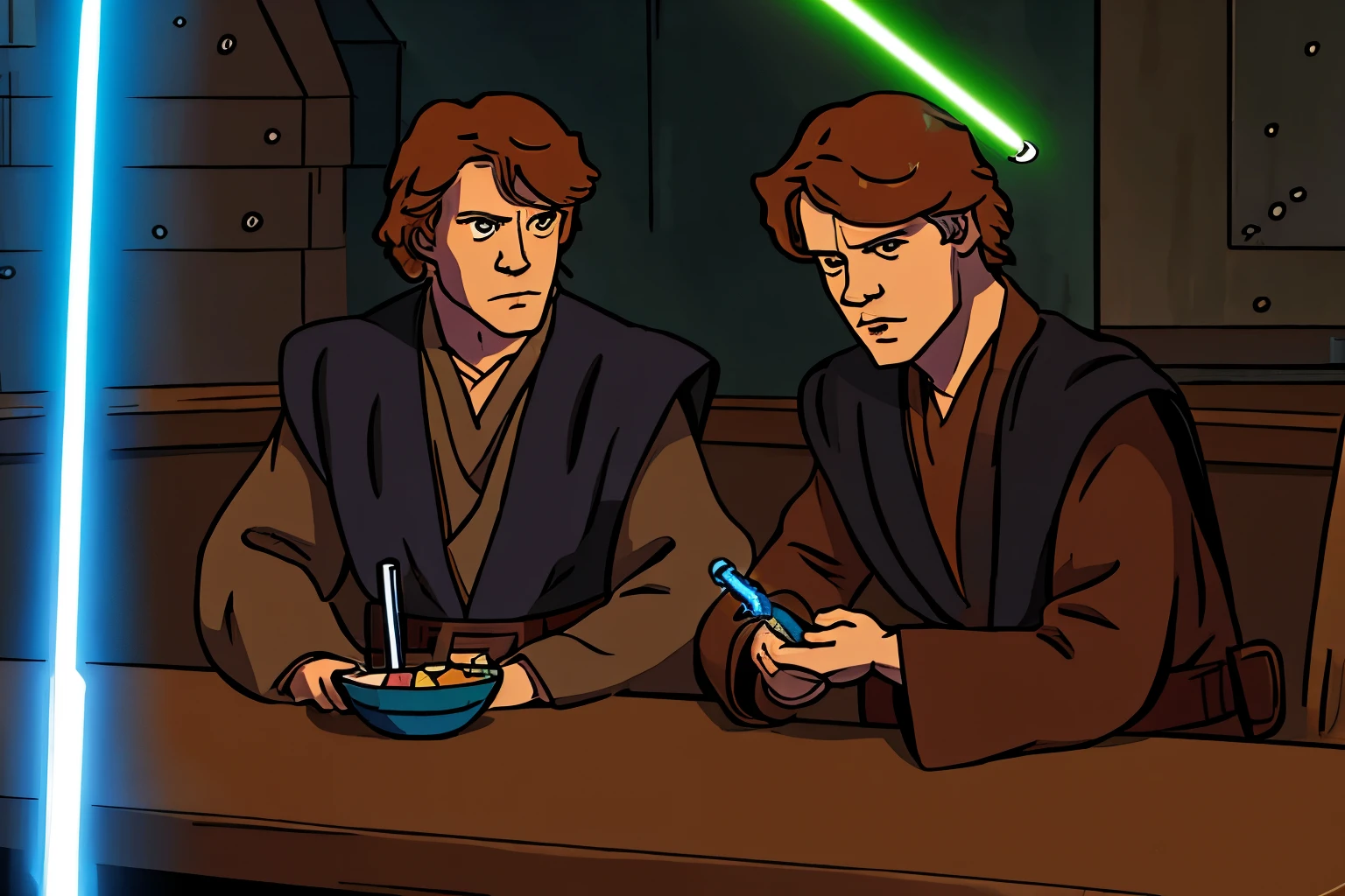 Luke skywalker and his friend, eating candy at a table, bowl of candy on a table, lightsaber