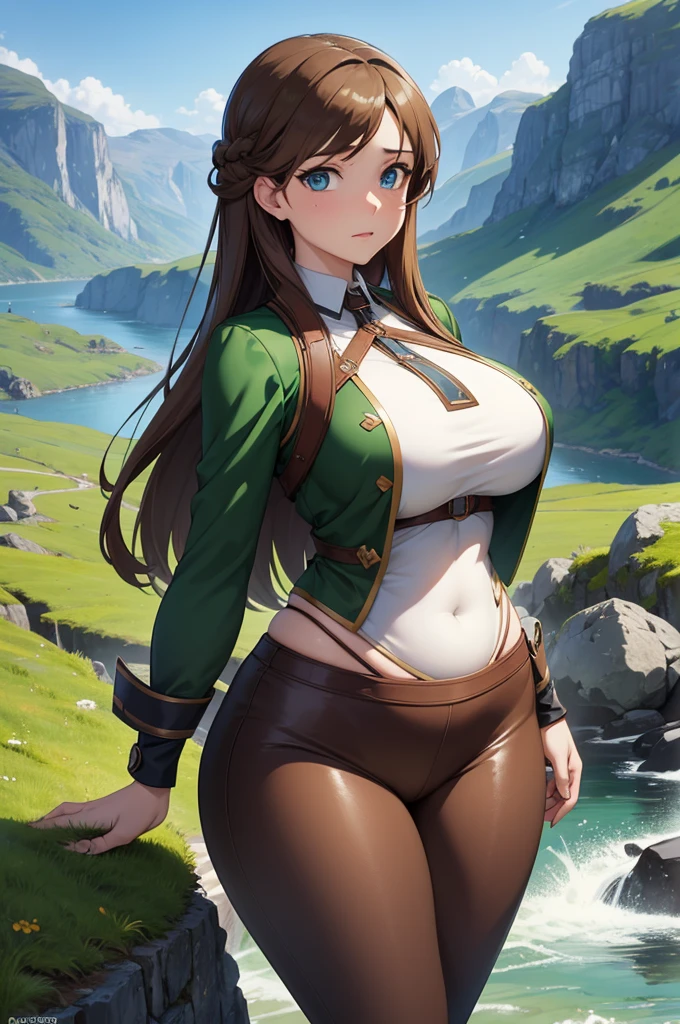 one Rebecca wearing brown clothes with green accents, long light brown hair, blue eyes, sexy hourglass figure, the Fjords of Norway in the background, [ 4 k digital art ]!!, seductive anime girl, deviantart artstation cgscosiety, trending on cgstation, 8k high quality detailed art, photorealistic anime girl render, kawaii hq render, commission for high res, thicc