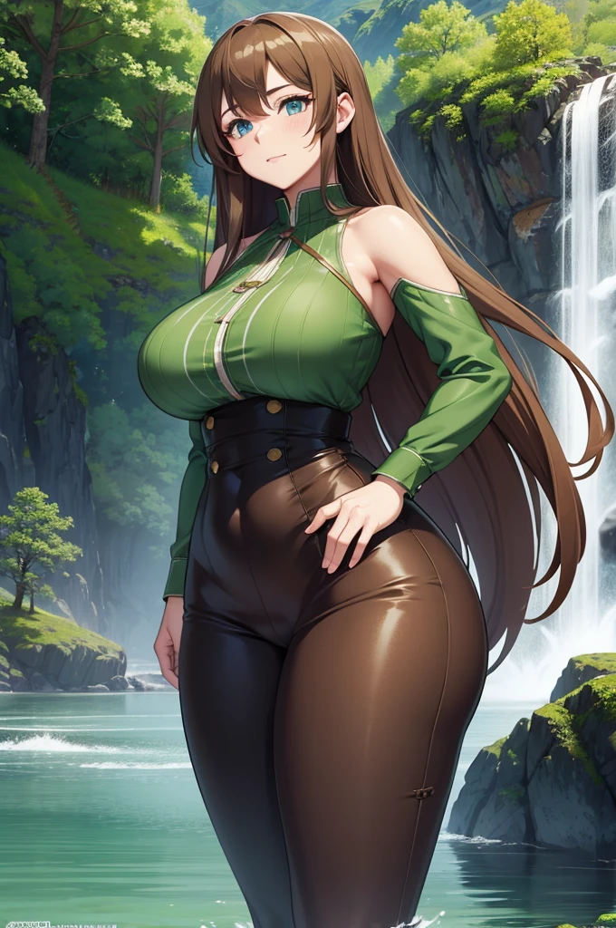 one Rebecca wearing brown clothes with green accents, long light brown hair, blue eyes, sexy hourglass figure, the Fjords of Norway in the background, [ 4 k digital art ]!!, seductive anime girl, deviantart artstation cgscosiety, trending on cgstation, 8k high quality detailed art, photorealistic anime girl render, kawaii hq render, commission for high res, thicc