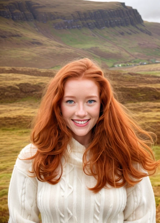 half body portrait of woman, phoebeisginger, white cozy sweater, Scottish highlands background, smile, looking at camera, cinematic, posing, highly detailed, film grain  