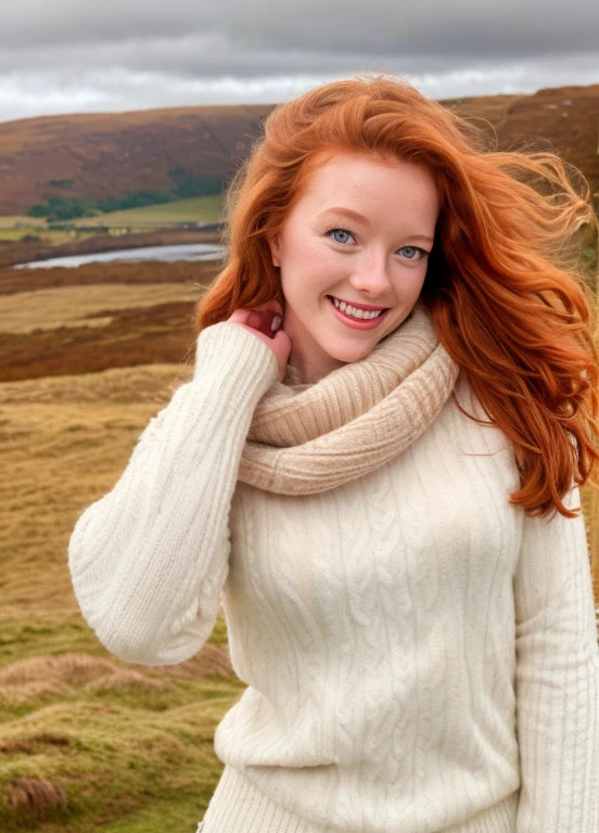 half body portrait of woman, phoebeisginger, white cozy sweater, Scottish highlands background, smile, looking at camera, cinematic, posing, highly detailed, film grain  