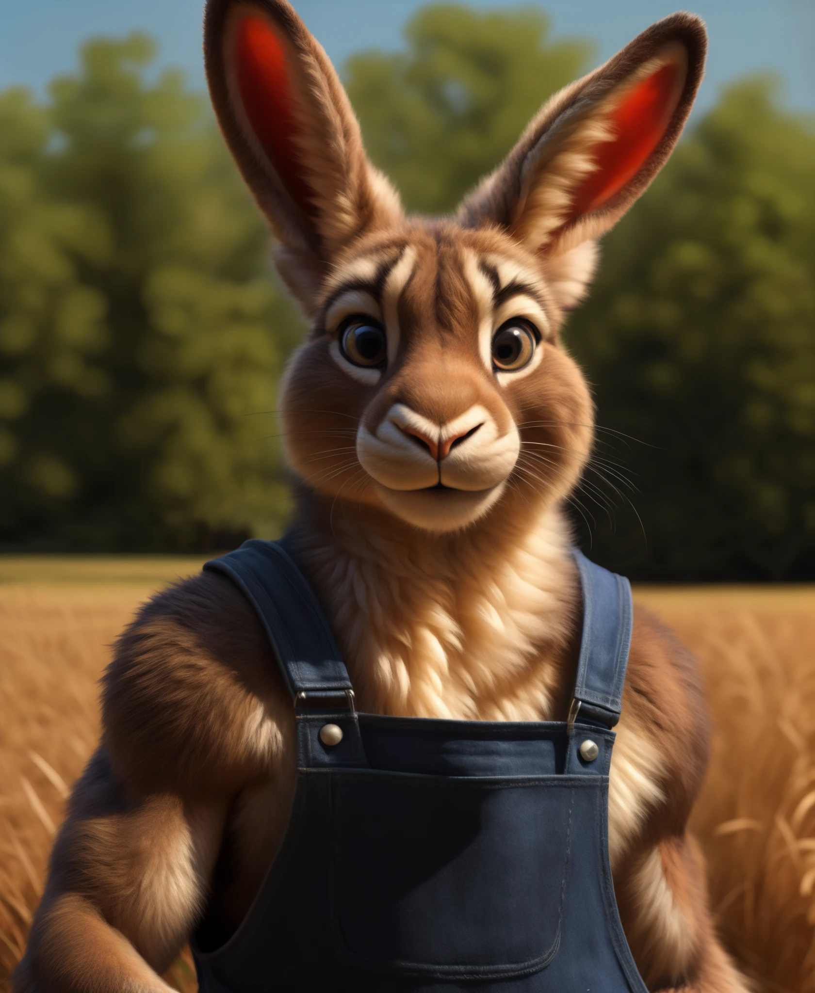 farm setting, rabbit, lagomorph, muscular, overalls, smile512, looking at viewer, by Kenket, (Sharp focus, masterpiece, 8k, intricate artwork, hyper detailed, high detail)