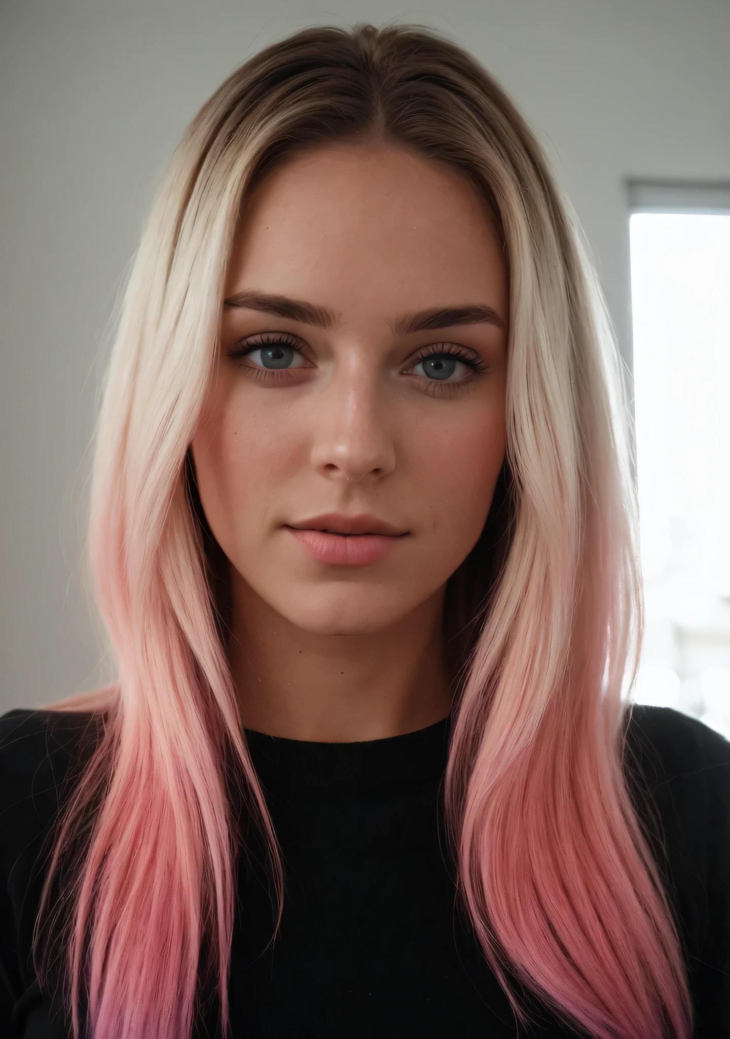 taken with the iPhone camera BREAK average selfie of a beautiful young woman BREAK (ombre:1.3) Filme Blonde Pink BREAK Grain, average quality, de corpo todo e totalmente nua