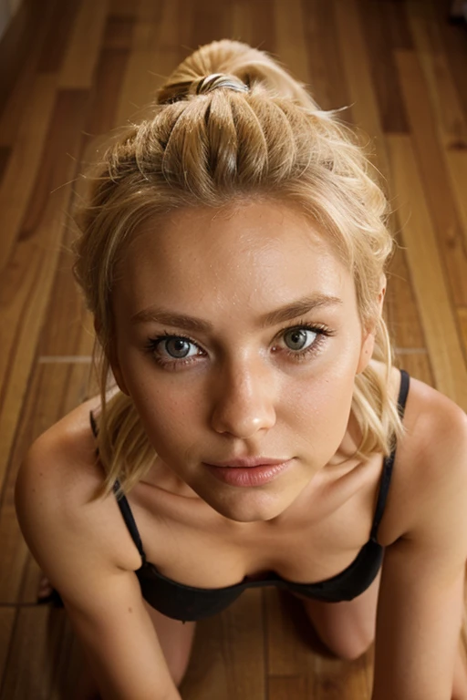 blonde woman, on her knees, looking up at camera, detailed face, ponytail, shot from top angle