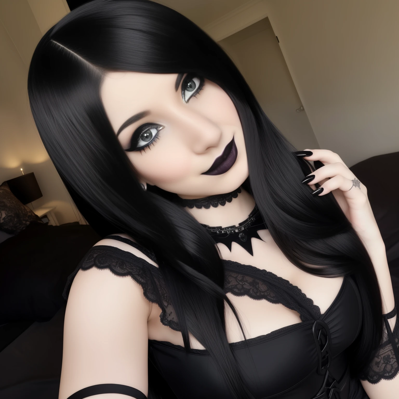 a girl with a little smile, she has black middle hair, portait, high detailed skin, super realistic, 22 - year - old goth girl, goth girl aesthetic, selfie, lying on bed, one hand in pillow, darkwave goth aesthetic, dark aesthetic, goth aesthetic, gothic horror vibes, 22 - year - old realistic goth girl, black lipstick, pale goth beauty, goth girl, featured on instagram, she has black hair, wink at camera