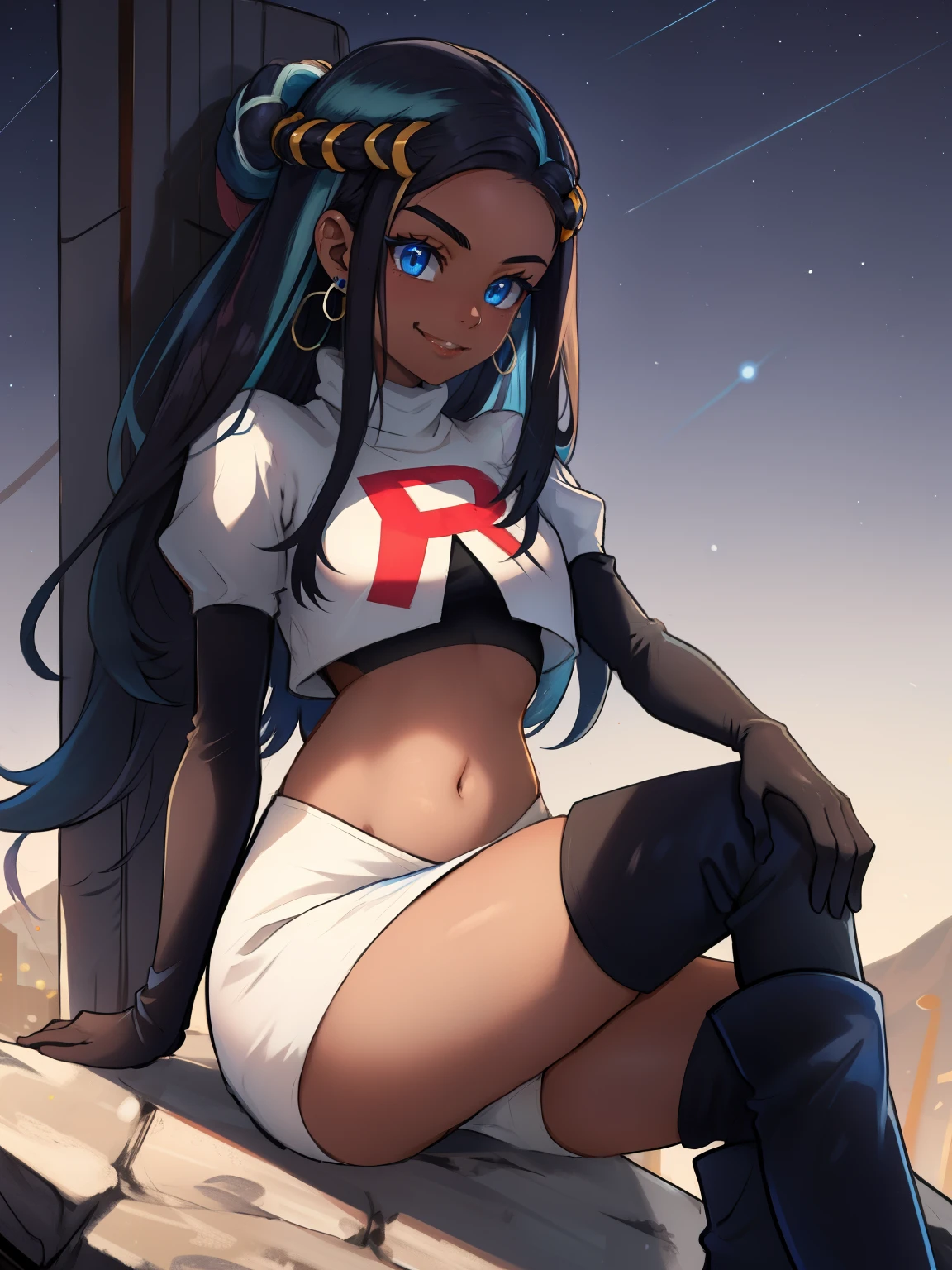 Nessa_Pokemon, 1girl, solo, dark skin, blue eyes, black hair, blue hair, two-tone hair, glossy lips, earings ,team rocket uniform, red letter R, white skirt,white crop top,black thigh-high boots, black elbow gloves, closed mouth, smile, looking down on viewer, sitting down ,legs crossed, night sky background