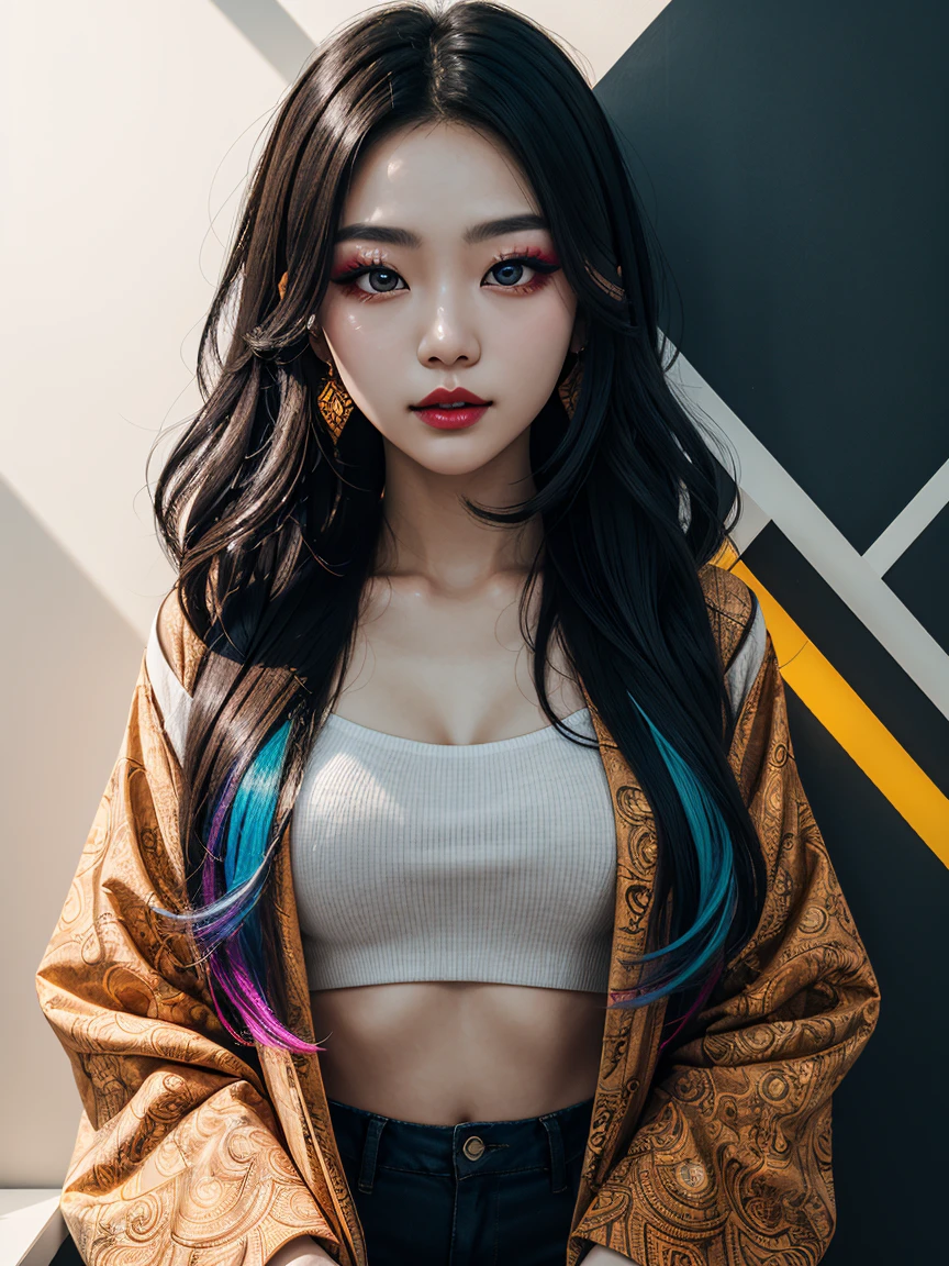 an abstract image of a beautiful Korean girl with colorful make up, colorful long hair, centered around shadows and light, geometric shapes and patterns