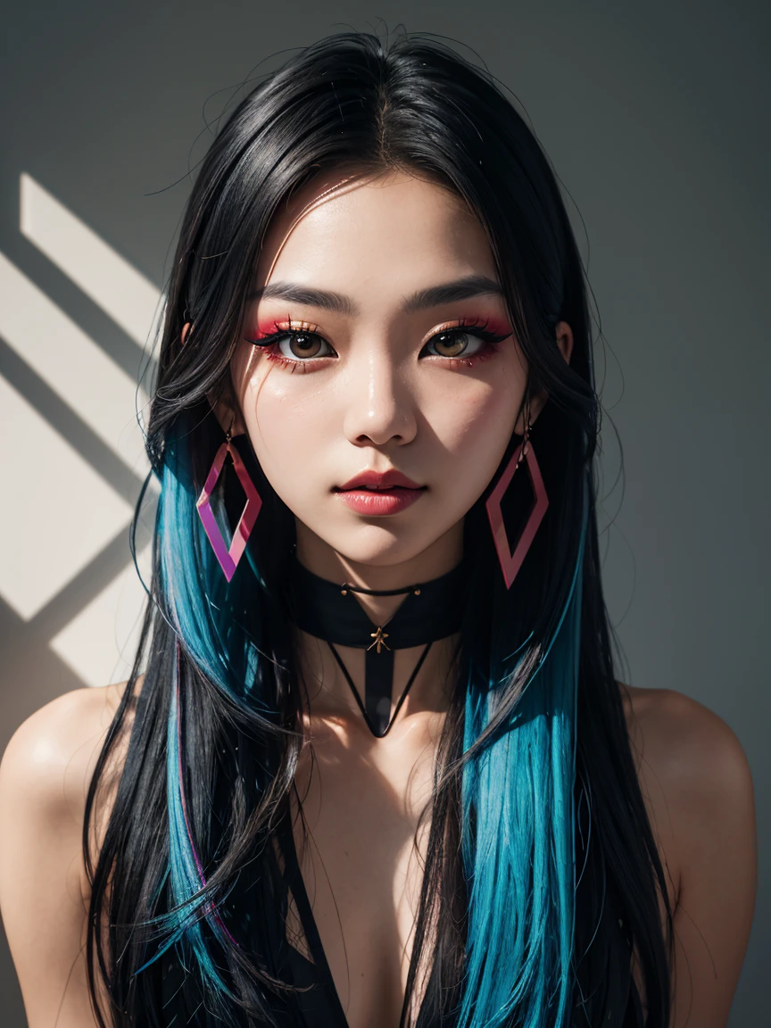 an abstract image of a beautiful Korean girl with colorful make up, colorful long hair, centered around shadows and light, geometric shapes and patterns