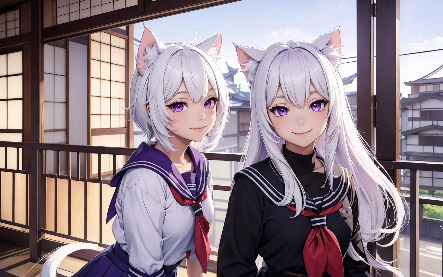 (masterpiece), best quality, expressive eyes, perfect face,(cat ears, cat girl, white hair, 17 years old), 
(School uniform, Japanese School Uniform), (Japanese House, balcony), purple eyes, smiling,