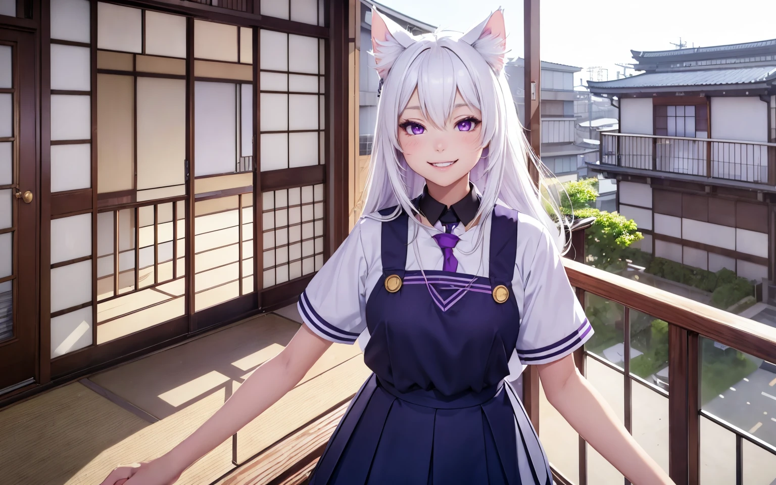 (masterpiece), best quality, expressive eyes, perfect face,(cat ears, cat girl, white hair, 17 years old), 
(School uniform, Japanese School Uniform), (Japanese House, balcony), purple eyes, smiling,