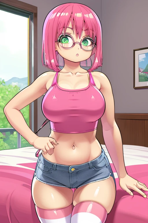 (masterpiece, best quality), 1girl, large breasts, small hips, green eyes, pink hair, crop top, denim shorts, bedroom, striped thighhighs, pervert, petite, glasses, Shuz