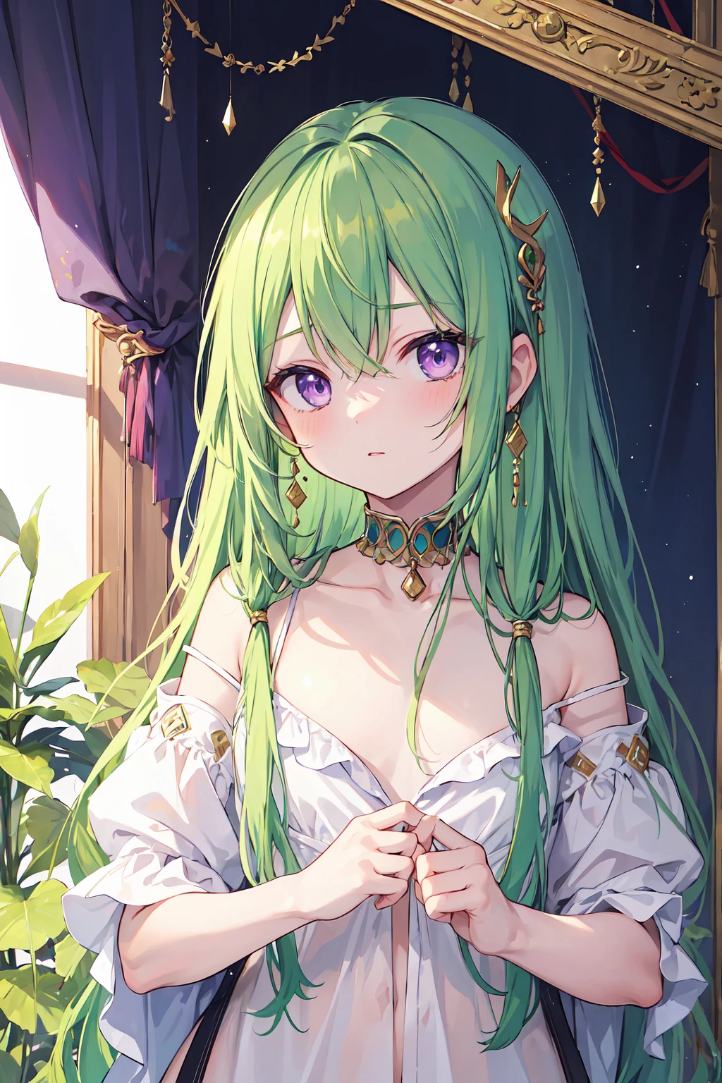 ((True best masterpiece, Ultimately perfect quality, Extremely delicate details)), ((Green skin, Slim body, Whole body)), A skinny nude girl, with small bust