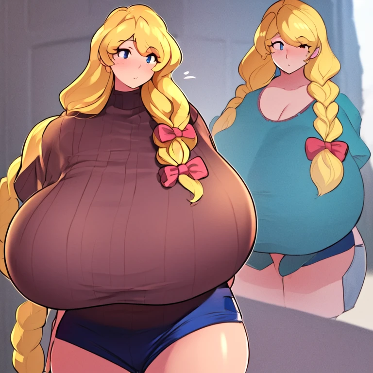 ((masterpiece)), ((best quality)), (ultra-detailed), (realistic), beautiful face, detailed hands, expressive eyes, 1girl, solo, (cassie, theycallhimcake, blonde hair, very long hair, braid, bow, striped shirt, blue shirt, red shorts, gigantic breasts), mature female, milf, motherly, 40yo, narrow waist, wide hips, curvy