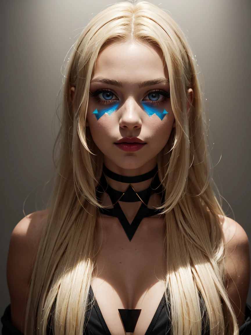 an abstract image of a beautiful blonde Scandinavian girl with colorful make up, colorful long hair, centered around shadows and light, geometric shapes and patterns