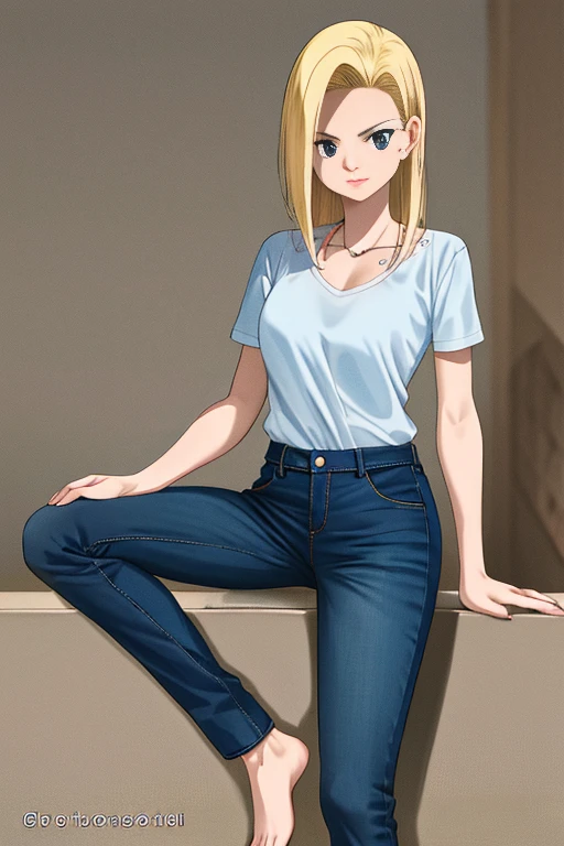 melhor qualidade, high resolution, e18, 1 garota, Android 18, Sozinho, cabelo loiro, olhos azuis, cinto, jeans, pearl_colar, pulseira, luvas pretas, camisa branca, cabelo curto, manga curta, brincos, blue pants, Colete aberto, colete preto, seios grandes, tiro de vaqueiro, rua, sempre em frente,