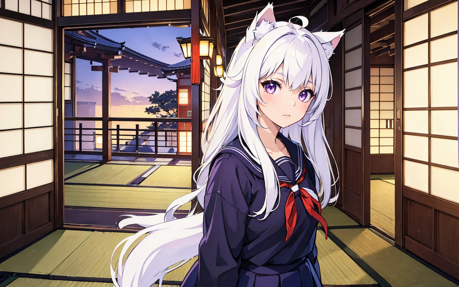 (masterpiece), best quality, expressive eyes, perfect face,(cat ears, cat girl, white hair, 17 years old), (School uniform, Japanese School Uniform), (Japanese House, balcony), purple eyes