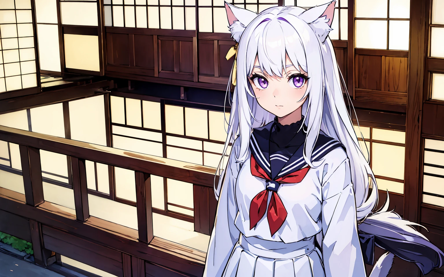 (masterpiece), best quality, expressive eyes, perfect face,(cat ears, cat girl, white hair, 17 years old), (School uniform, Japanese School Uniform), (Japanese House, balcony), purple eyes