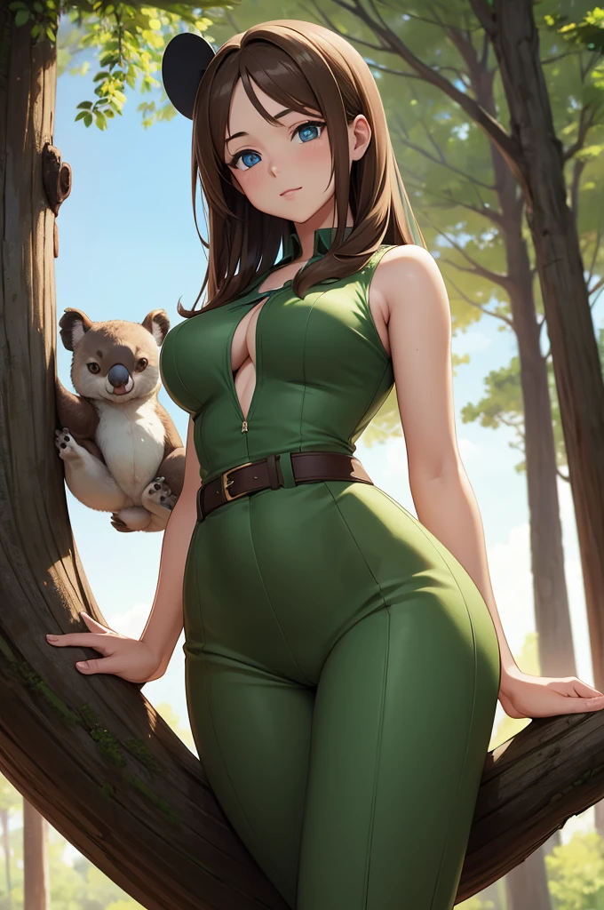 one Rebecca wearing brown safari clothes, long light brown hair, blue eyes, sexy hourglass figure, realistic Koala in a tree in the background, [ 4 k digital art ]!!, seductive anime girl, deviantart artstation cgscosiety, trending on cgstation, 8k high quality detailed art, photorealistic anime girl render, kawaii hq render, commission for high res, thicc