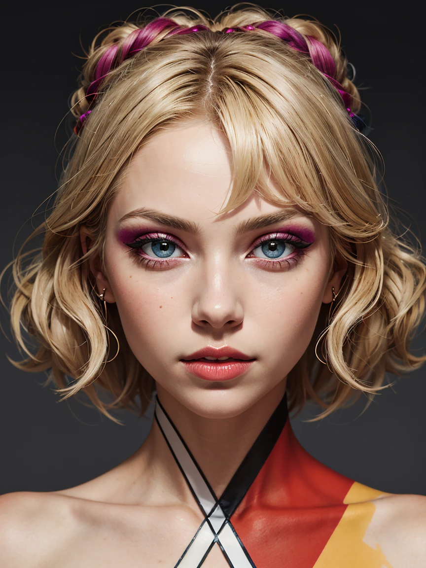 an abstract image of a beautiful blonde Scandinavian girl with colorful make up, colorful hair, centered around geometric shapes and patterns