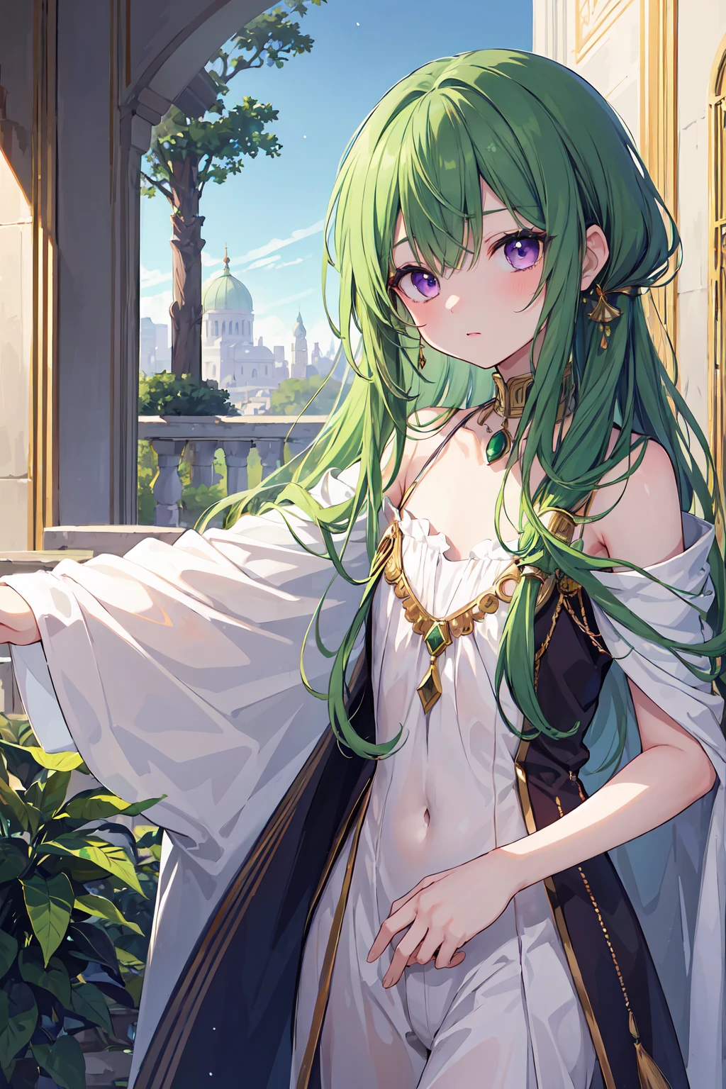 ((masterpiece, high quality)), a close up of a boy with long dark emerald green hair, by Kamagurka, pixiv contest winner, hurufiyya, beautiful cleopatra, handsome girl, with vivid purple eyes, royal elegant pose, flat chest