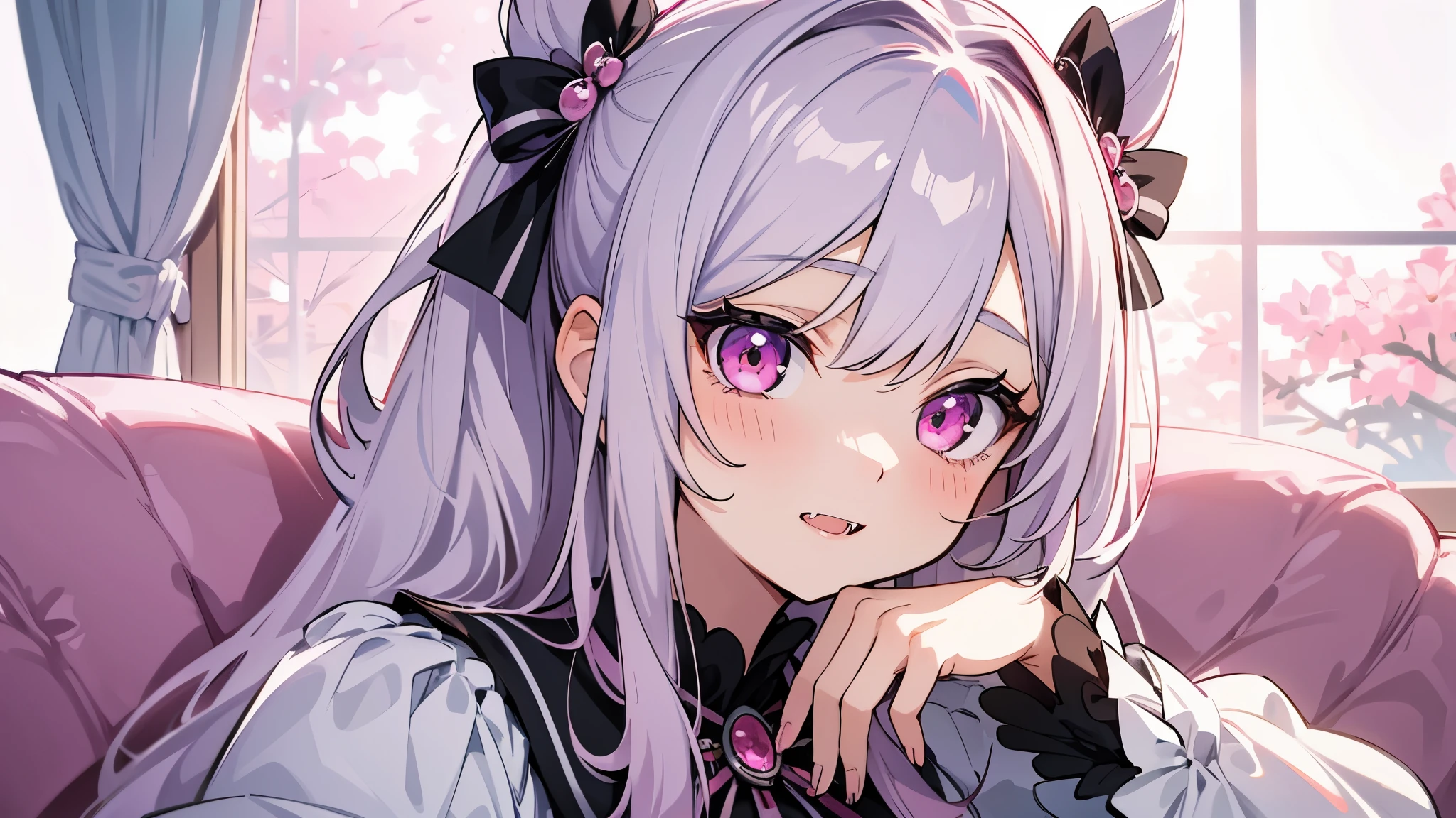 one girl, very beautiful face, beautiful eyes, detailed eyes, detailed face, detailed hair, masterpiece, anime girl, pink eyes, silver hair, , kawaii, two pony tails, hair pins, hair accessories, very young, big boobs, pixiv, illustration, very high quality, masterpiece, vampire teeth, fangs, pink cheeks, looks at you, sitting, very worried, vry sweet, very young, cute room