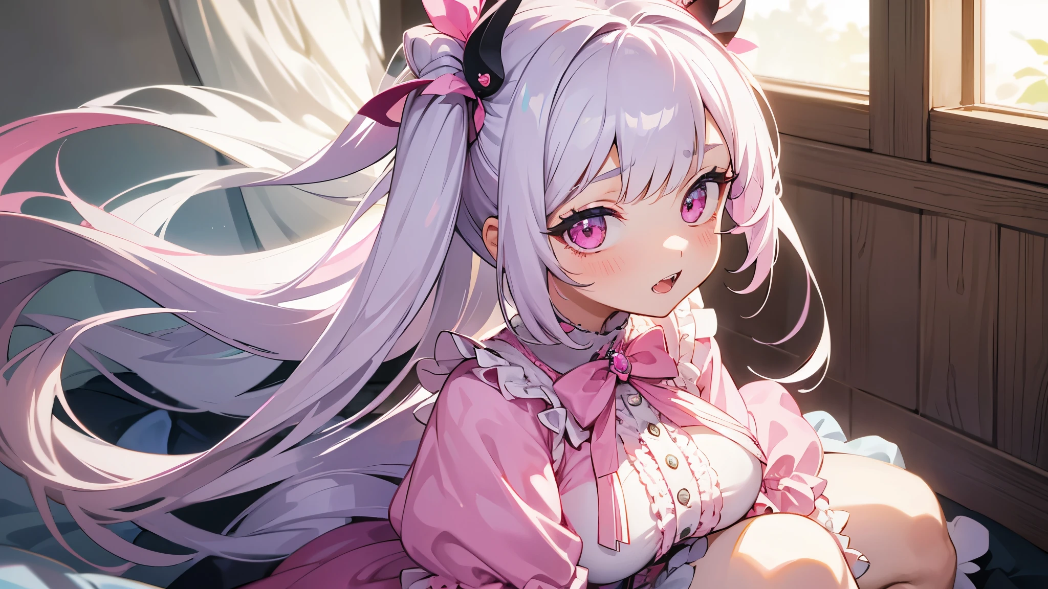 one girl, very beautiful face, beautiful eyes, detailed eyes, detailed face, detailed hair, masterpiece, anime girl, pink eyes, silver hair, , kawaii, two pony tails, very young, big , pixiv, illustration, very high quality, masterpiece, vampire teeth, fangs, pink cheeks, looks at you, pout, wearing red, at your door, standing at your door, shy, hot, sexy, breast in tight dress, tight dress, shoulders off dress