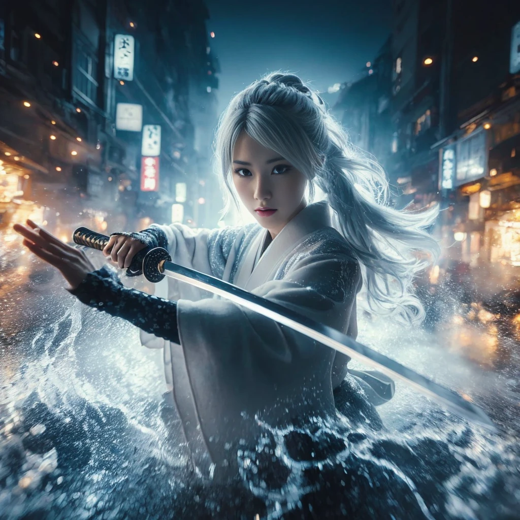 In Osaka, a exquisitely gorgeous girls has medium-length silver hair, intense gaze, dressing winter outfit, angrily waving samurai sword and battle with ninjas. Air flow, water flow, lighting aura are surrounding her while displaying an elegant posture and movement. Photo-realistic 32K resolution epic scale image captured dramatic and dynamic view with a wide-angle lens, illuminated by dramatic lighting, highlighting the symmetrical balance.break, 
(1 girl, medium short hair, braid hair, silver hair,  Exquisitely perfect symmetric very gorgeous face,  perfect breasts,  Exquisite delicate crystal clear skin,  Detailed beautiful delicate eyes, perfect slim body shape, slender and beautiful fingers:0.9,nice hands, perfect hands, full_body,), dressing winter outfit,