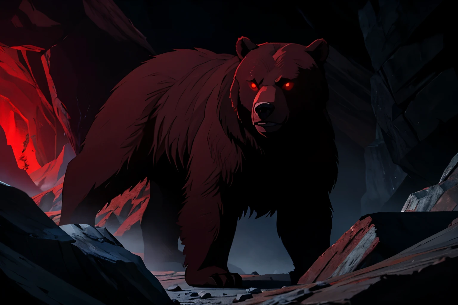 A bear with red eyes coming out of a dark cave, scary, angry bear, mountain cave, horror movie style, scary bear, snarling bear, glowing red eyes