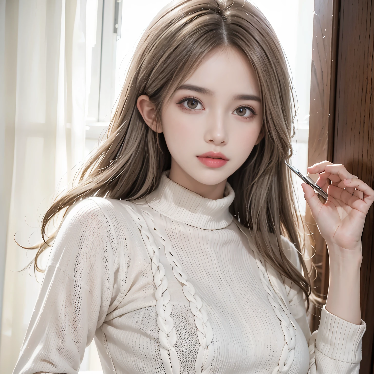 menina centauro,Perfect hand movements,luvas brancas,fotorrealista, high resolution, 1 mulher, quadris para cima, olhos lindos, Cabelo longo, olhos rodeados, joia, Traje de rua, sweater, cabelo branco