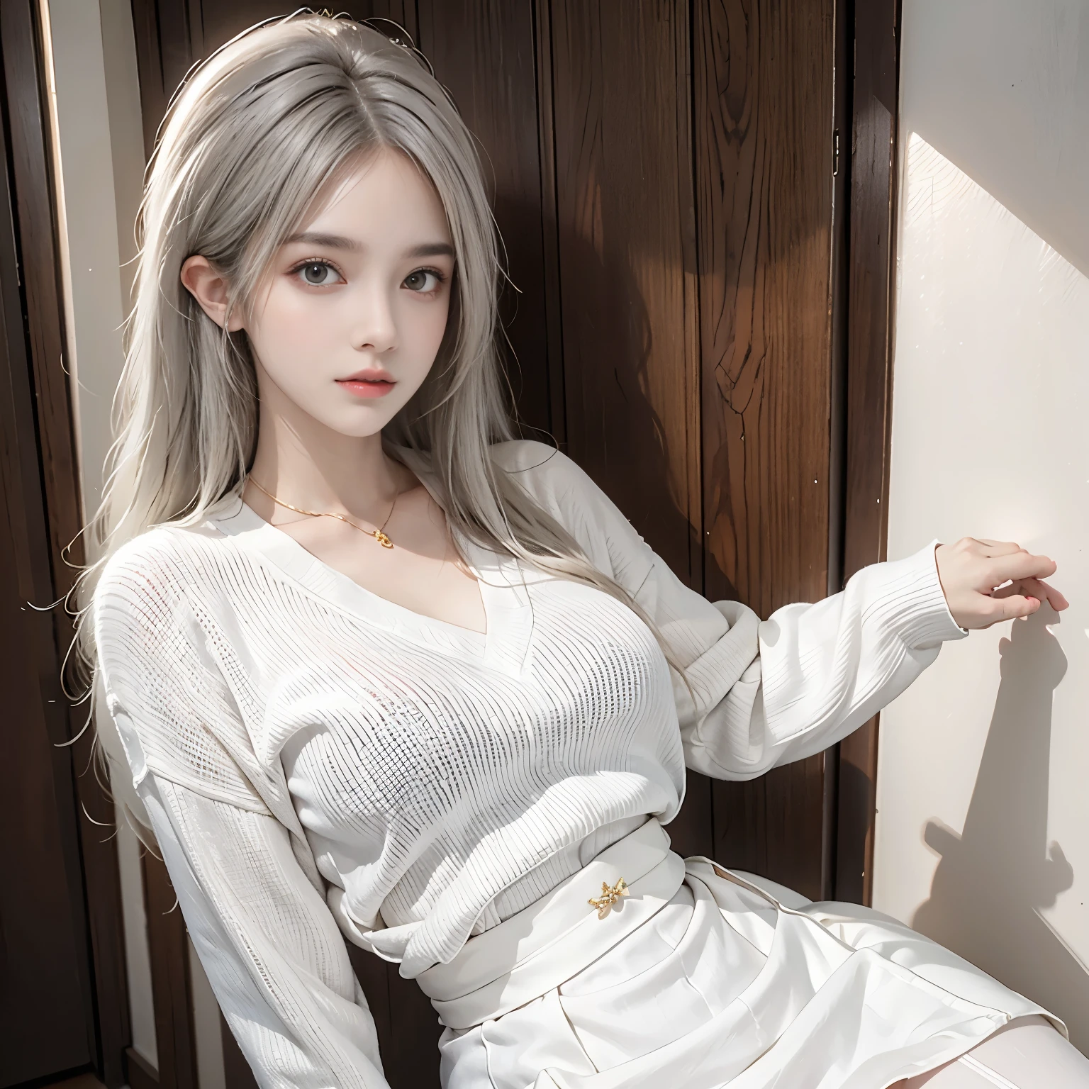 centauro,Perfect hand movements,luvas brancas,fotorrealista, high resolution, 1 mulher, quadris para cima, olhos lindos, Cabelo longo, olhos rodeados, joia, Traje de rua, sweater, cabelo branco