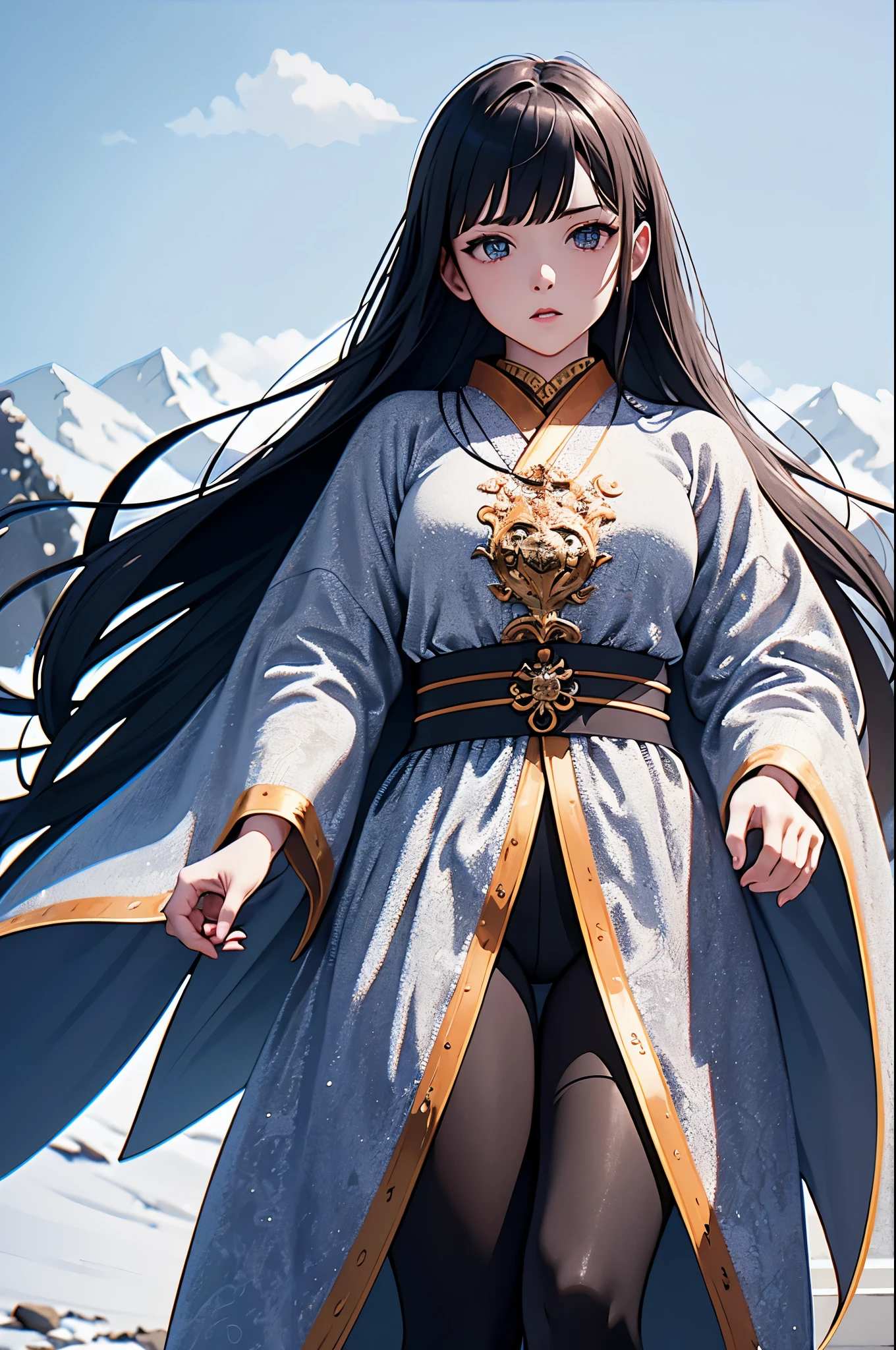 (masterpiece:1.4), portrait, (lady, straight face lines, black long straight coal black hair, black makeup, long black eye lashes, black thin lips, cute littl nouse, violet galactic eyes, strict beauty, white skin, dominant, hands bihind back), full covering clothes, warm clothes a close up of a person standing on a rocky road in near the huge snowy mountain in spring, maiden, ornate flowing silvered robes, clothed in ethereal battle armor, ornate flowing robes, intricate outfit, eso armor, flowing robes and leather armor, intricate robes, ornate robes, clothed in ethereal armor, Japanese style