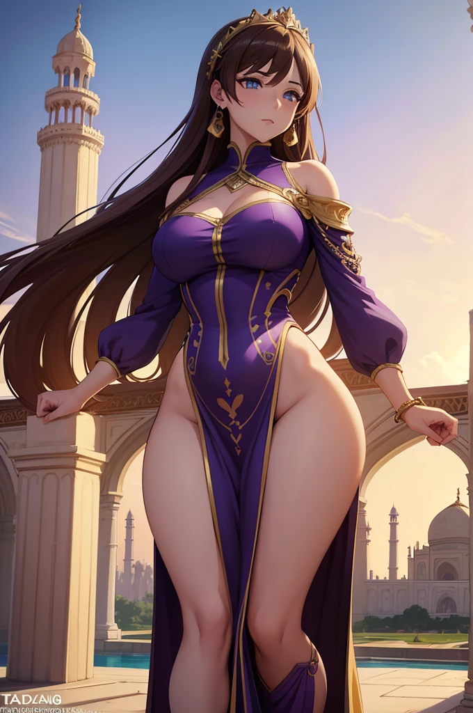 one Rebecca wearing purple clothes with gold accents, long light brown hair, blue eyes, sexy hourglass figure, Taj Mahal in background, [ 4 k digital art ]!!, seductive anime girl, deviantart artstation cgscosiety, trending on cgstation, 8k high quality detailed art, photorealistic anime girl render, kawaii hq render, commission for high res, thicc