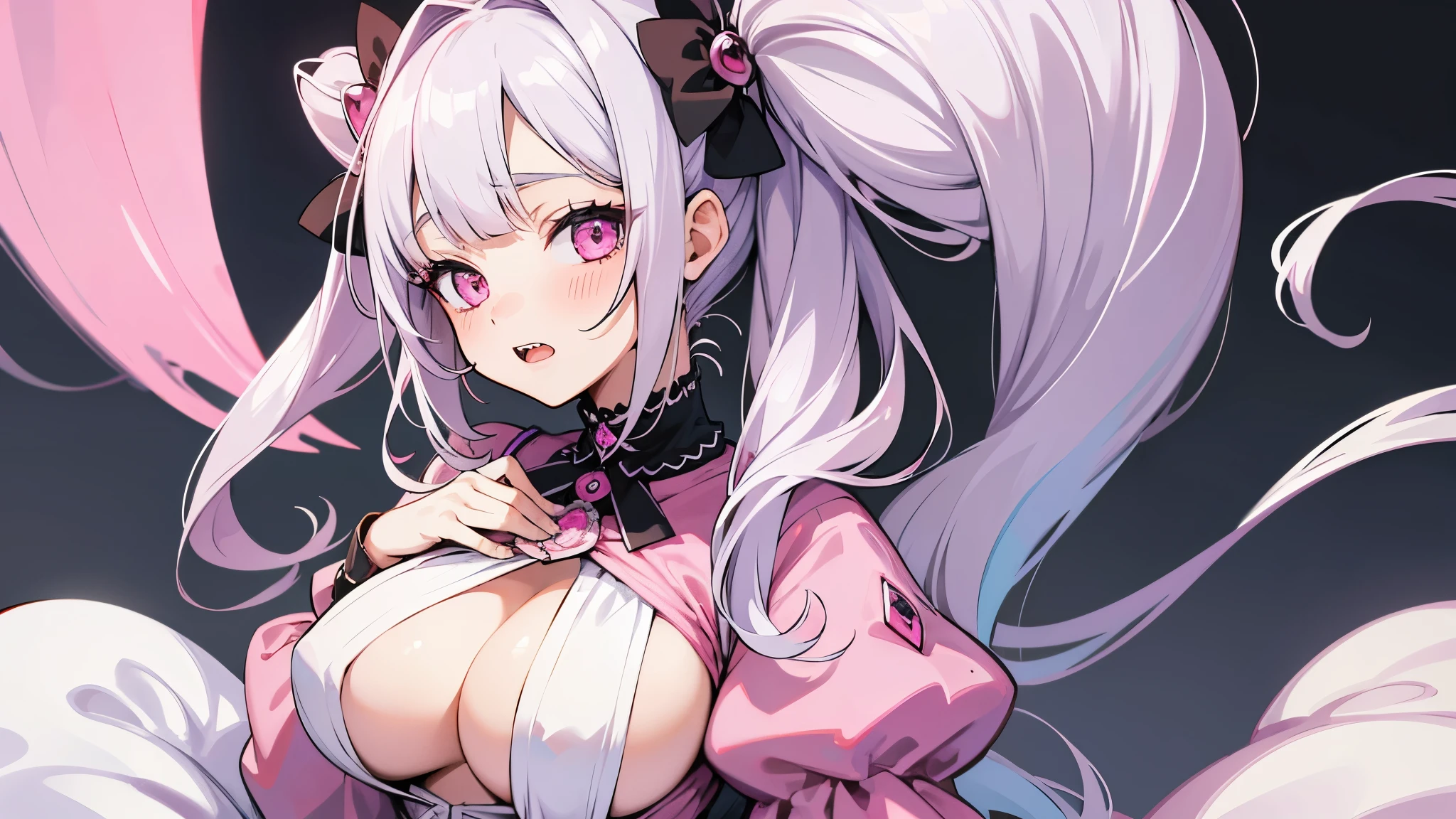 one girl, very beautiful face, beautiful eyes, detailed eyes, detailed face, detailed hair, masterpiece, anime girl, pink eyes, silver hair, , kawaii, two pony tails, hair pins, hair accessories, very young, big boobs, pixiv, illustration, very high quality, masterpiece, vampire teeth, fangs, pink cheeks, looks at you, sitting, very worried, vry sweet, very young, cute room