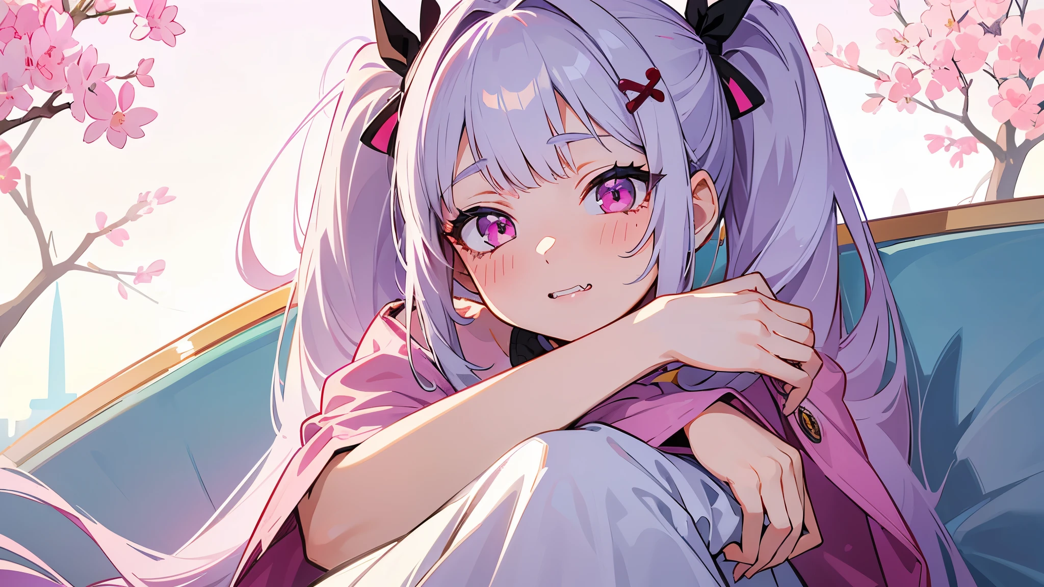 one girl, very beautiful face, beautiful eyes, detailed eyes, detailed face, detailed hair, masterpiece, anime girl, pink eyes, silver hair, , kawaii, two pony tails, hair pins, hair accessories, very young, big boobs, pixiv, illustration, very high quality, masterpiece, vampire teeth, fangs, pink cheeks, looks at you, sitting, very worried, vry sweet, very young, cute room