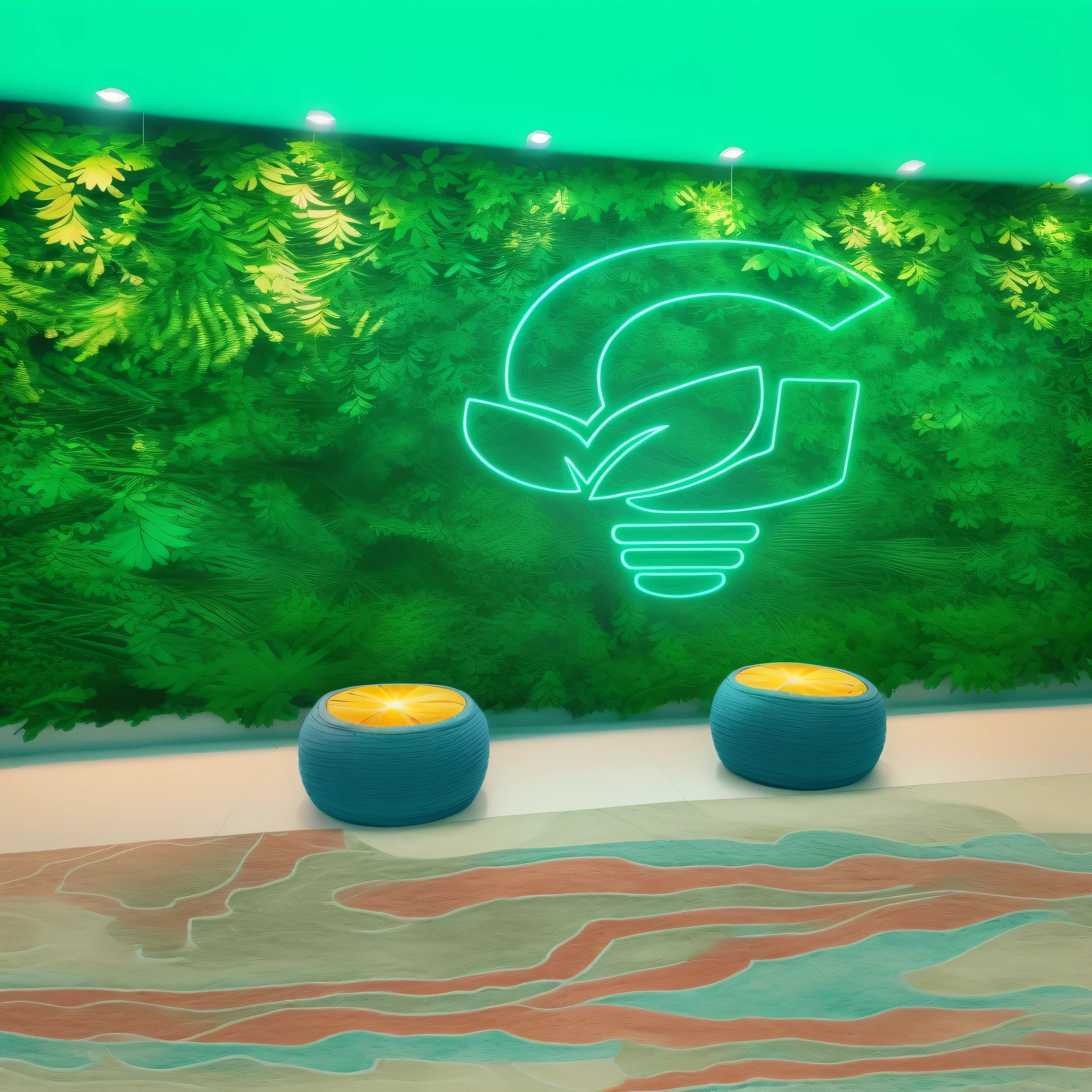 ambiente interno com fundo de samambaias e a letra G luminoso no estilo 3d pixar no formato 16x9px